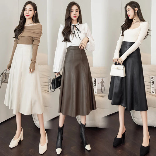 2021 Autumn Winter PU Leather Midi Skirts Women High Waist Solid Color Fashion OL Style Office Lady A-line Skirts Female Clothes
