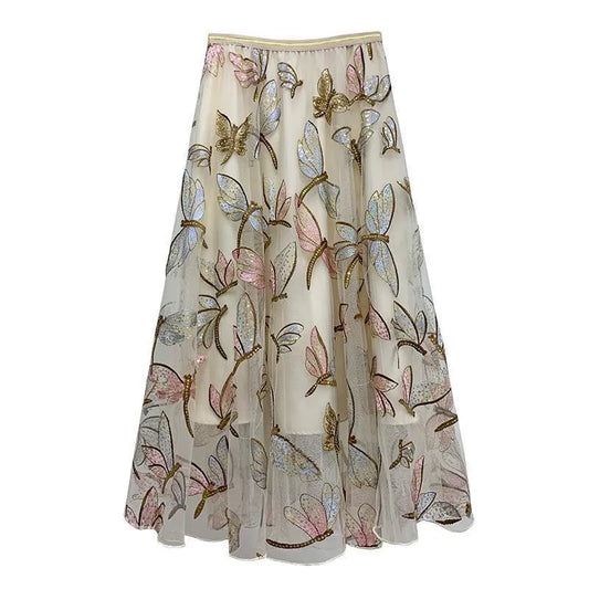 2022 Hot Sale Women Long Skirts Spring Summer High Waist  Mesh Gauze Skirt Girl Pleated Print Sweet A- line Skirt D2