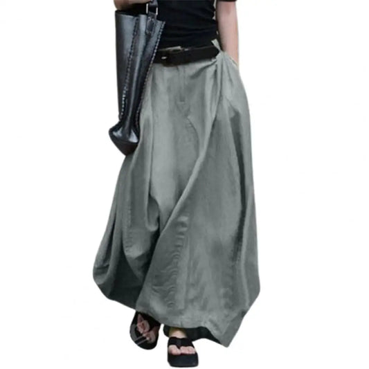 2022 Vintage Summer Maxi Long Skirt Solid Color Cotton Linen Large Hem Sweet Slim All-match Elastic High Waist A-Line Skirt